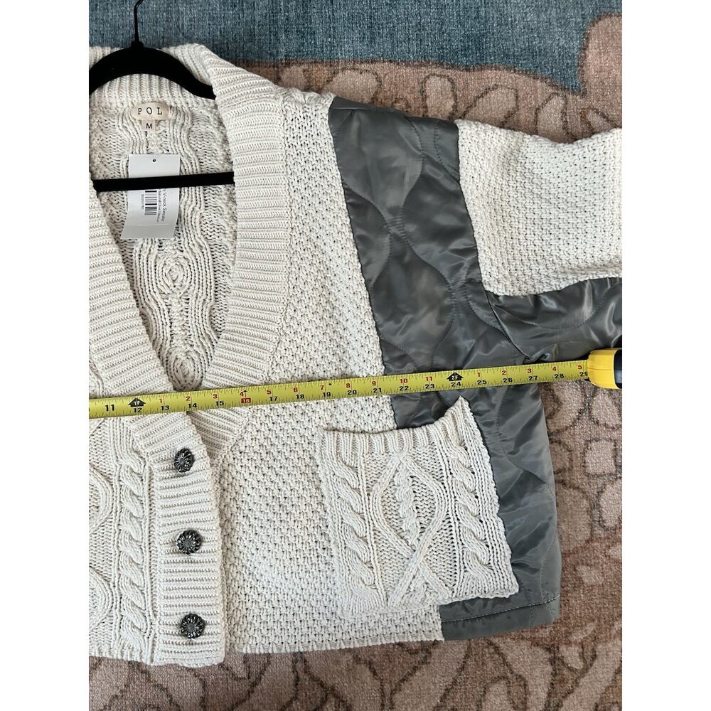 POL Naomi Cable Knit Mixed Media Boxy Grandpa Cardigan Jacket Sz M NWT - Picture 14 of 15